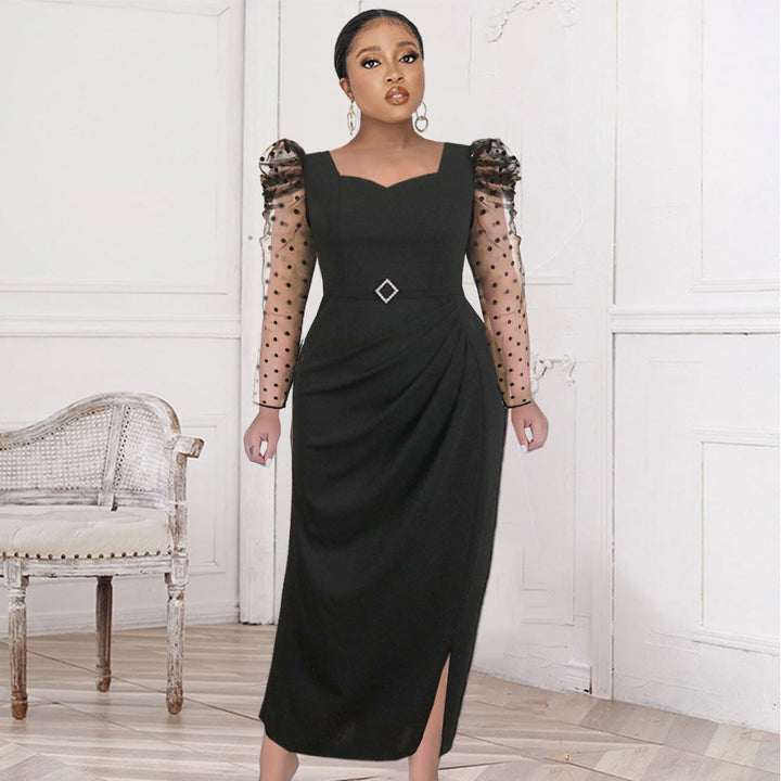 Elegantes schwarzes Damen Midi-Kleid mit Puffärmeln und V-Ausschnitt für besondere Anlässe.