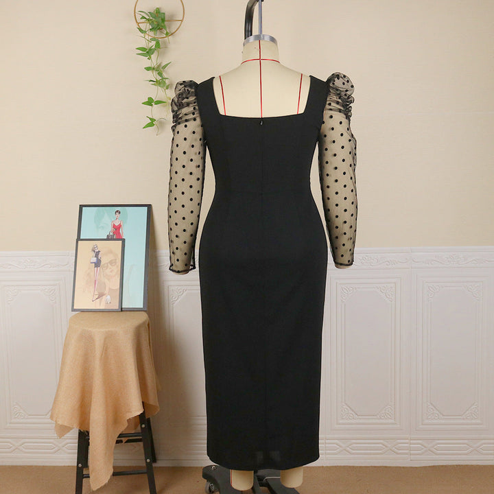 Damen Midi-Abendkleid, schwarz, elegant mit Puffärmeln, ideal für Cocktailempfänge und festliche Anlässe.