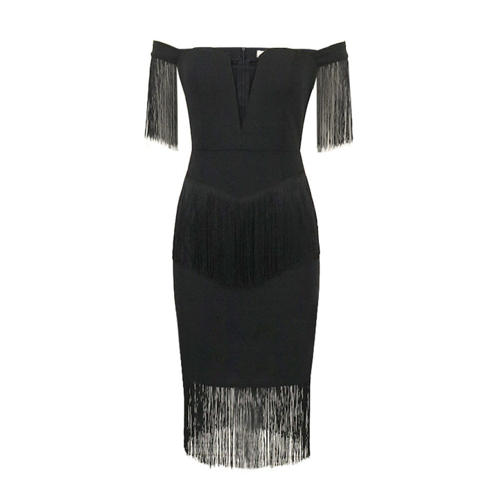 Modisches schwarzes Damen Off-Shoulder Kleid mit eleganten Fransenärmeln. Perfekt als Abend- oder Partykleid.
