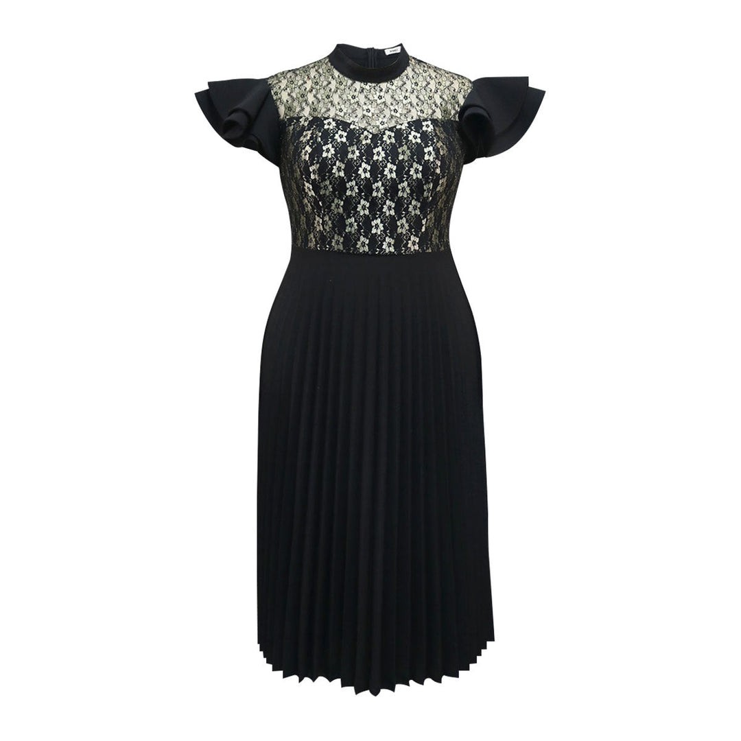 Elegantes Damen-Abendkleid, schwarz, mit floraler Spitze und Plisseerock; vielseitig für Fest & Party.