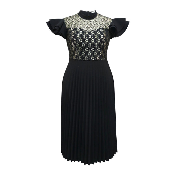 Elegantes Damen-Abendkleid, schwarz, mit floraler Spitze und Plisseerock; vielseitig für Fest & Party.
