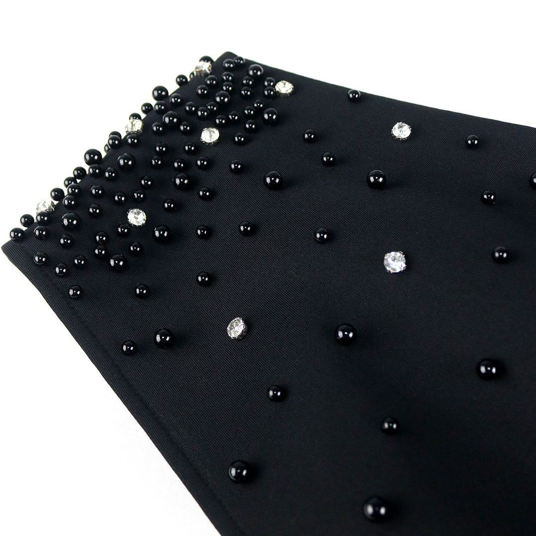 Damen Wickelkleid schwarz, elegant, mit Perlenbesatz & modischem asymmetrischem Rüschensaum; ideal als Abendkleid.