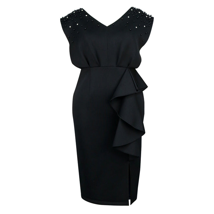 Schickes schwarzes Damenkleid mit V-Ausschnitt, Perlenverzierung & einzigartigem asymmetrischen Rüschensaum für Feste.
