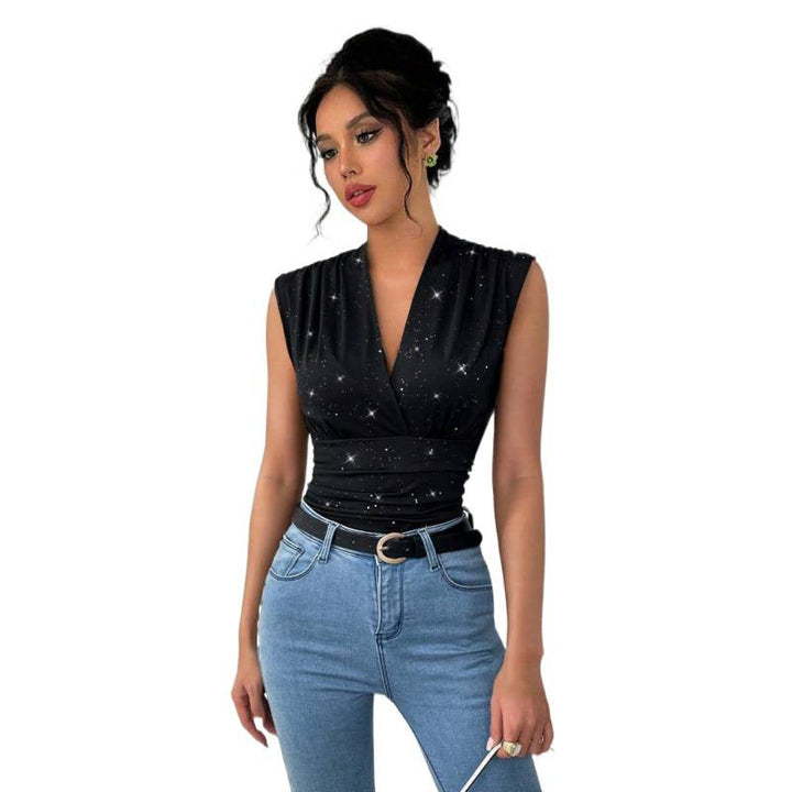 Modisches schwarzes Damen Wickeloberteil mit Glitzer für einen schicken Auftritt, ideal für Abendmode.