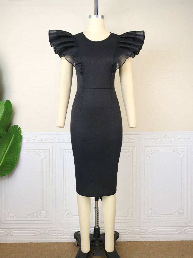 Hochwertiges elegantes Rüschenkleid für Damen, figurbetont, schwarzes Abendkleid für besondere Momente.