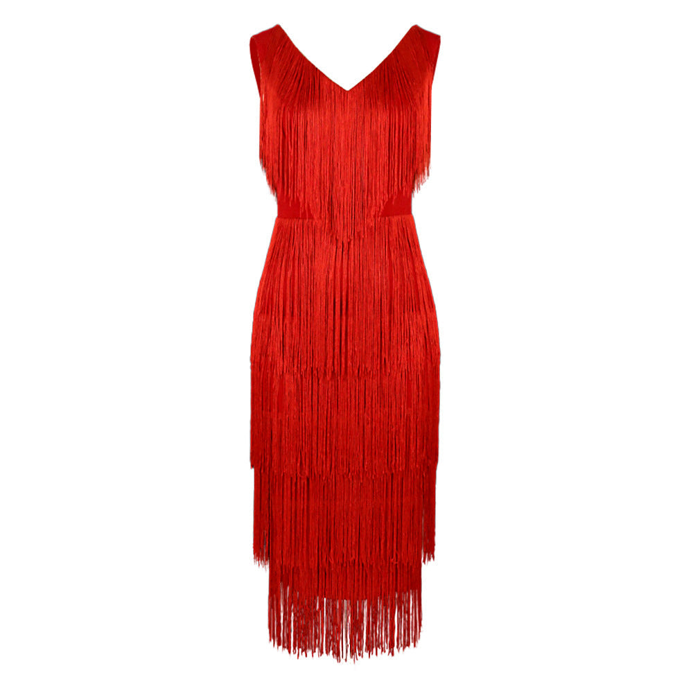 Damen-Cocktailkleid mit tiefem V-Ausschnitt und langen Fransen, elegant und stilvoll, für besondere Anlässe.