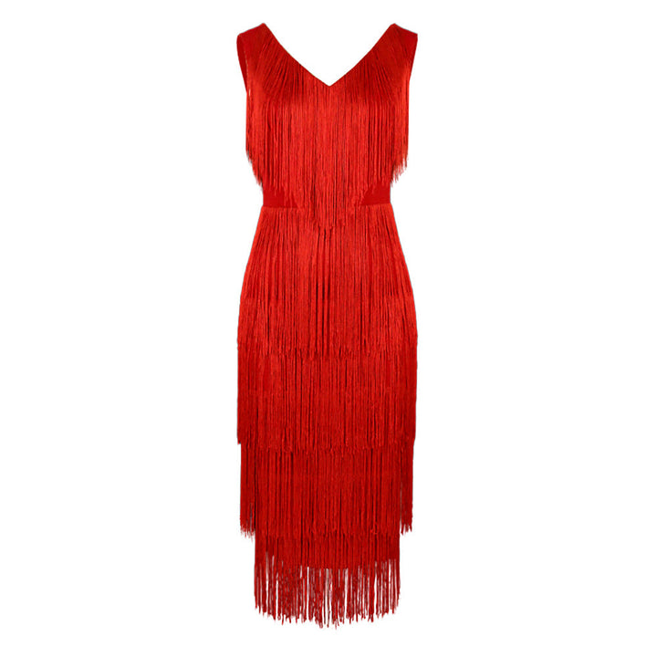 Damen-Cocktailkleid mit tiefem V-Ausschnitt und langen Fransen, elegant und stilvoll, für besondere Anlässe.