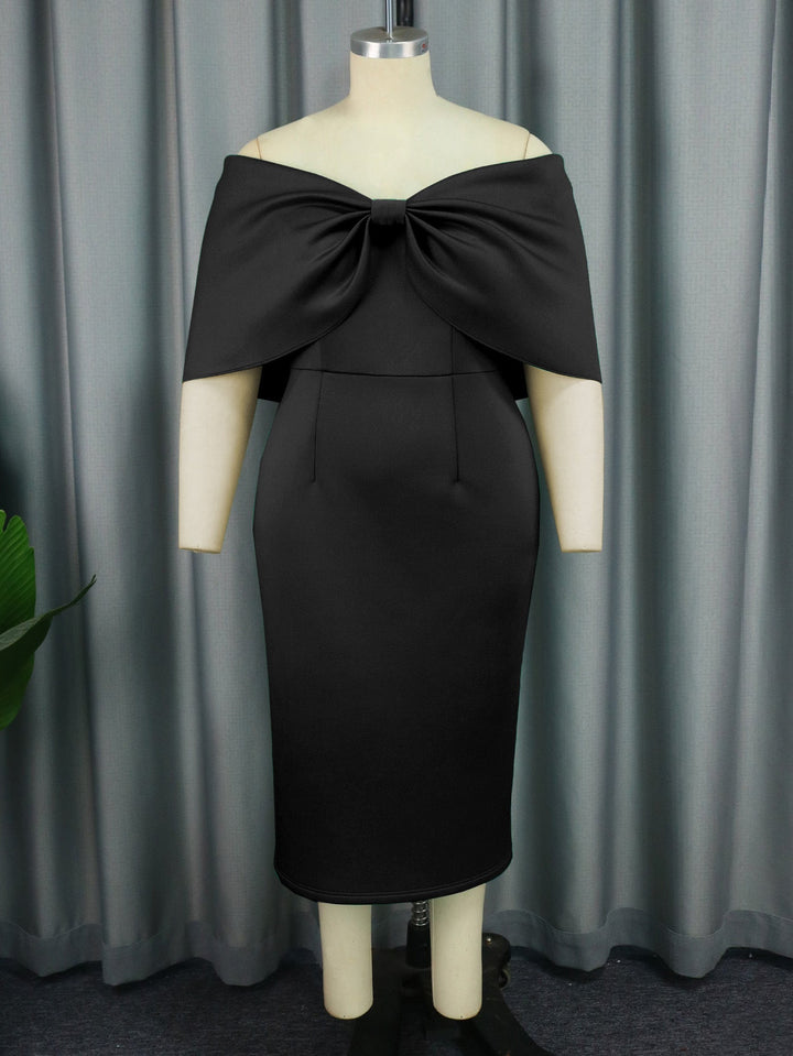 Damen Off-Shoulder Midikleid in Schwarz, elegant, mit auffälliger Schleife, ideal für Abende & besondere Feste.