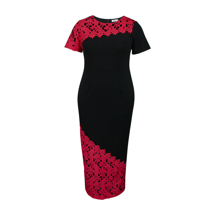 Edles Damen-Spitzenkleid in Schwarz mit feiner Textur. Elegantes Abendkleid mit Kurzarm & Rundhals.