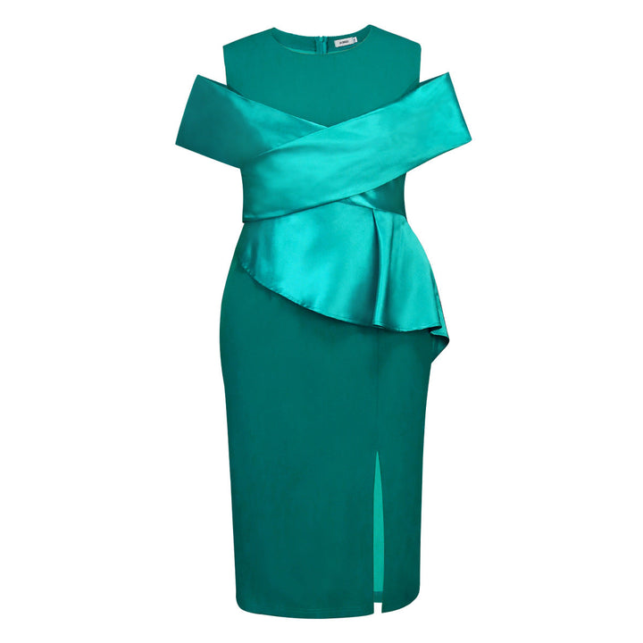 Elegantes türkises Damenkleid in Wickeloptik, asymmetrischer Saum, ideal für festliche Events und Abendanlässe.