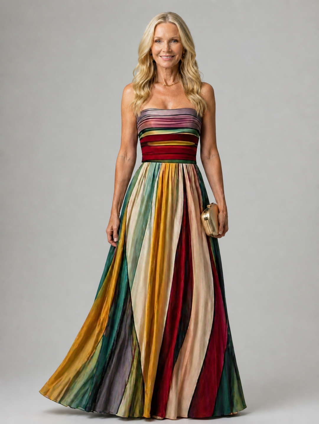 Elegantes, trägerloses Damen A-Linien-Maxikleid in fließendem Stoff, perfekt für Sommerabende und Partys.