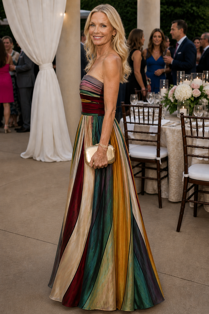 Schickes trägerloses A-Linien-Damenkleid, bodenlang, mit schmeichelhafter Passform, ideal für elegante Auftritte.