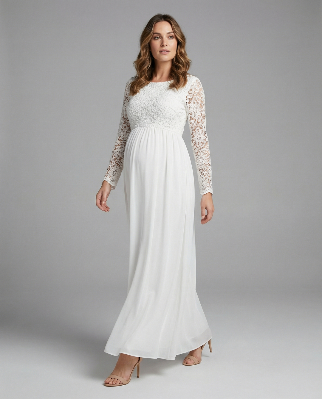 Elegantes Umstandskleid für Damen, langes Abendkleid mit langen Ärmeln und Rundhalsausschnitt für besondere Anlässe.