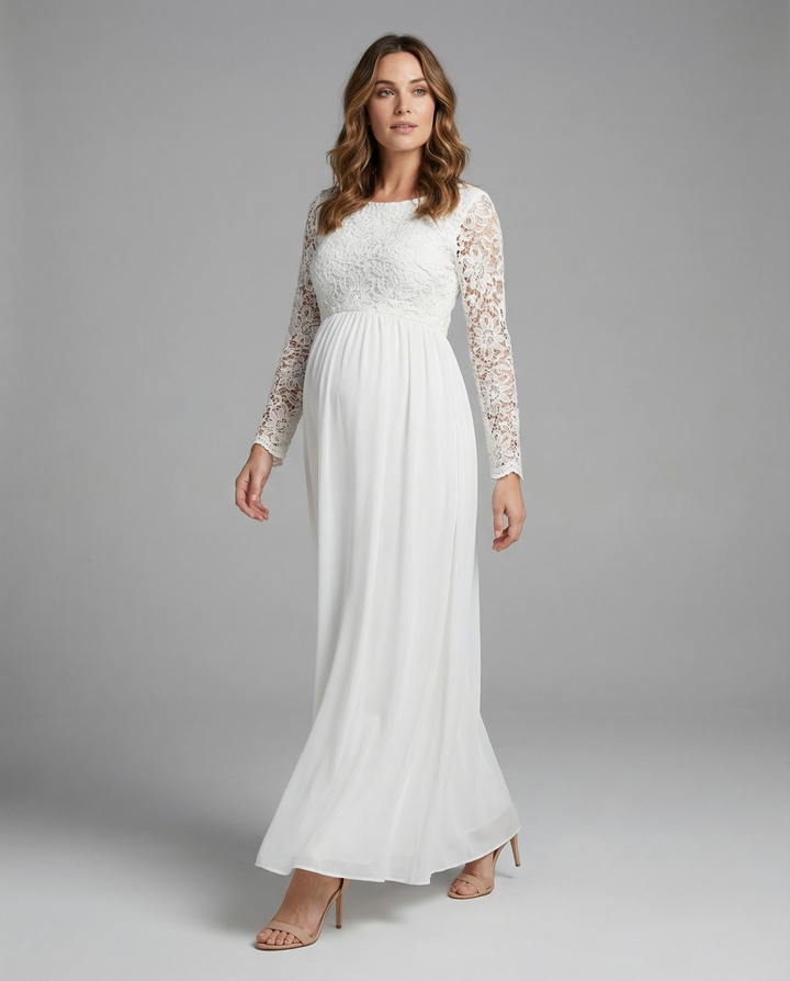 Elegantes Umstandskleid für Damen, langes Abendkleid mit langen Ärmeln und Rundhalsausschnitt für besondere Anlässe.