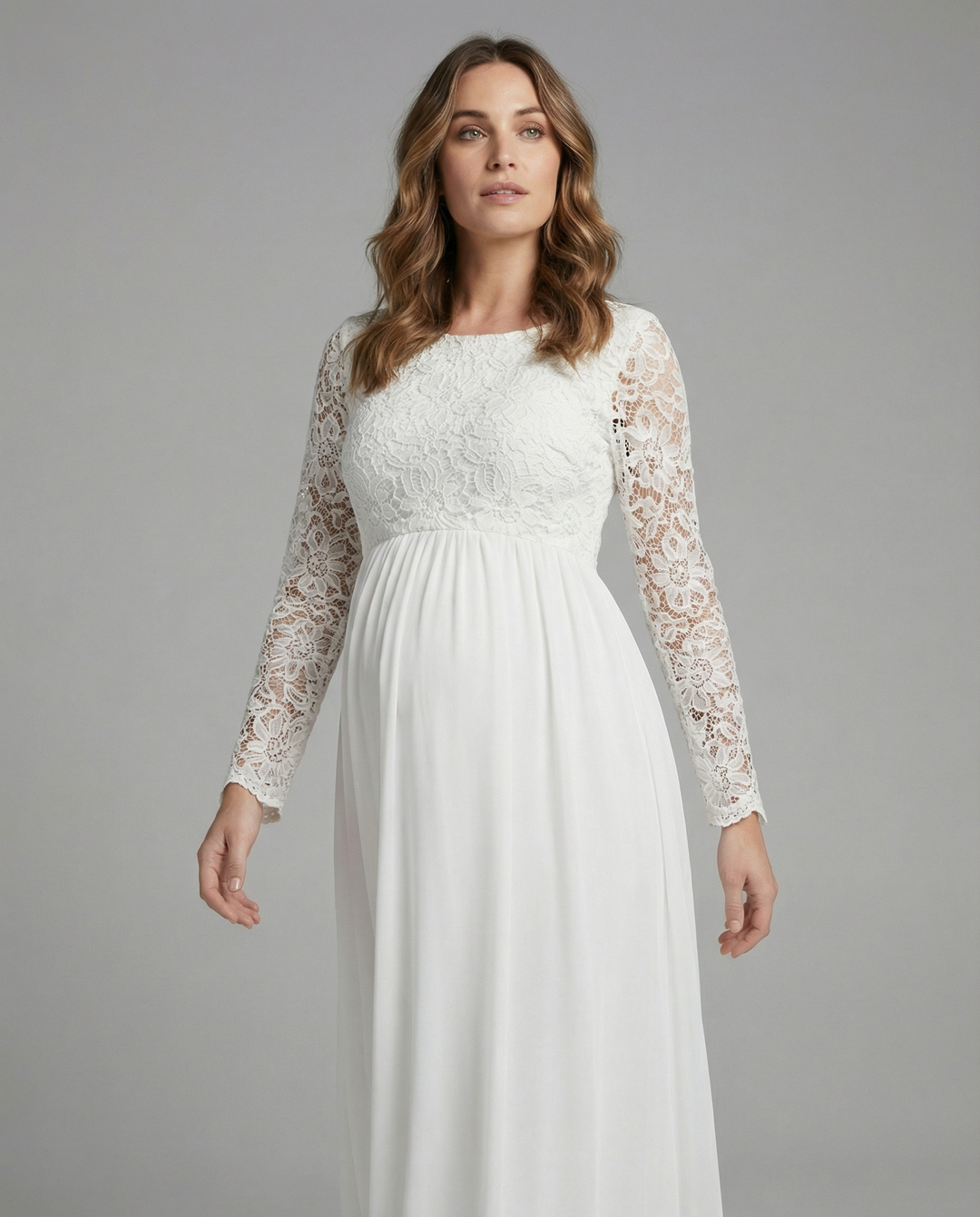 Festliches Ballkleid für Schwangere, elegantes Umstandskleid mit langen Ärmeln, ideal für Abendveranstaltungen.