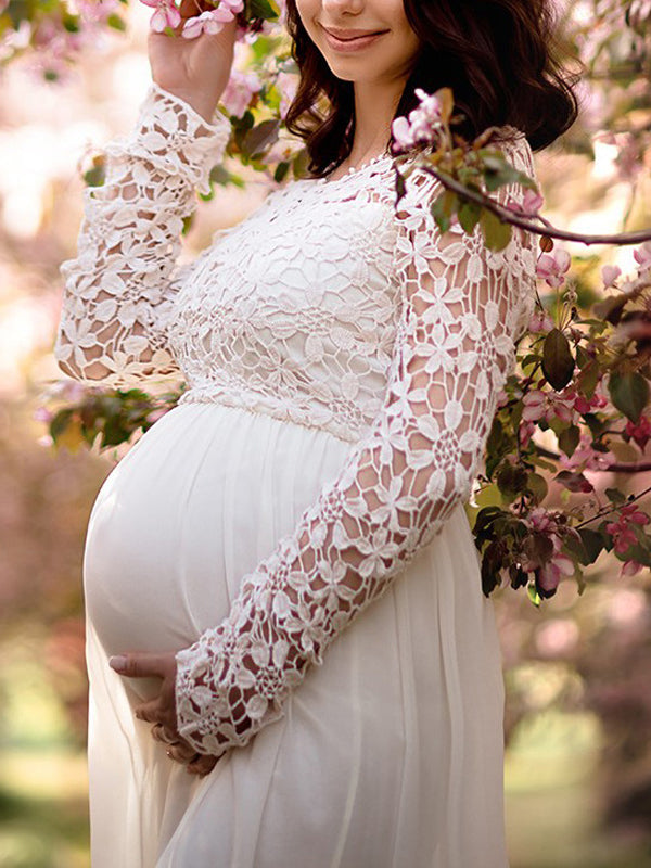 Langes Umstandskleid mit eleganten Ärmeln und Rundhalsausschnitt, schickes Abendkleid für Damen während der Schwangerschaft.