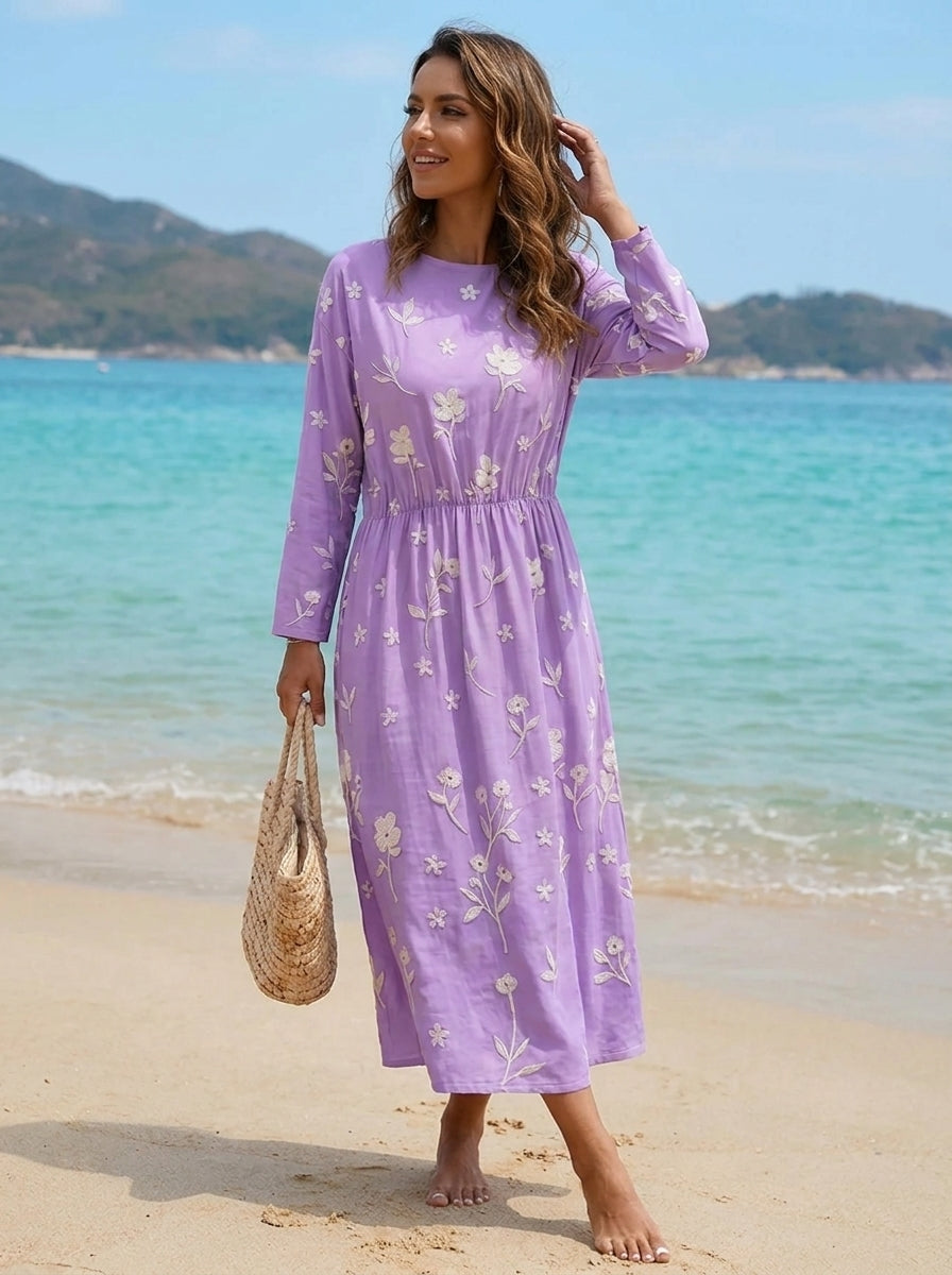 Elegantes violettes Damen Midikleid in A-Linie mit Bestickung und Mid-Sleeves. Vielseitig für Sommer & festliche Anlässe.