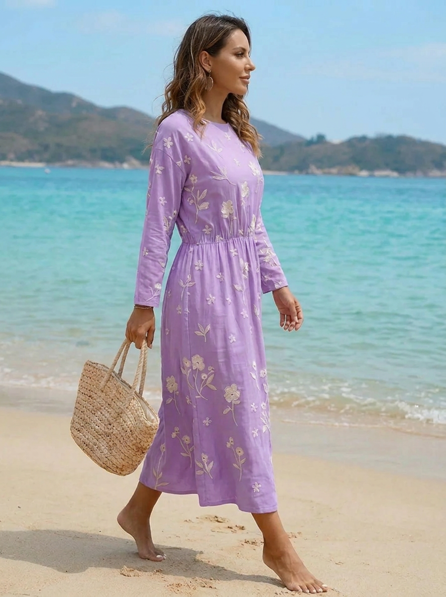 Besticktes violettes Mid-Sleeve Midikleid für Damen, perfekt als Sommerkleid oder elegantes Freizeit- & Festkleid.