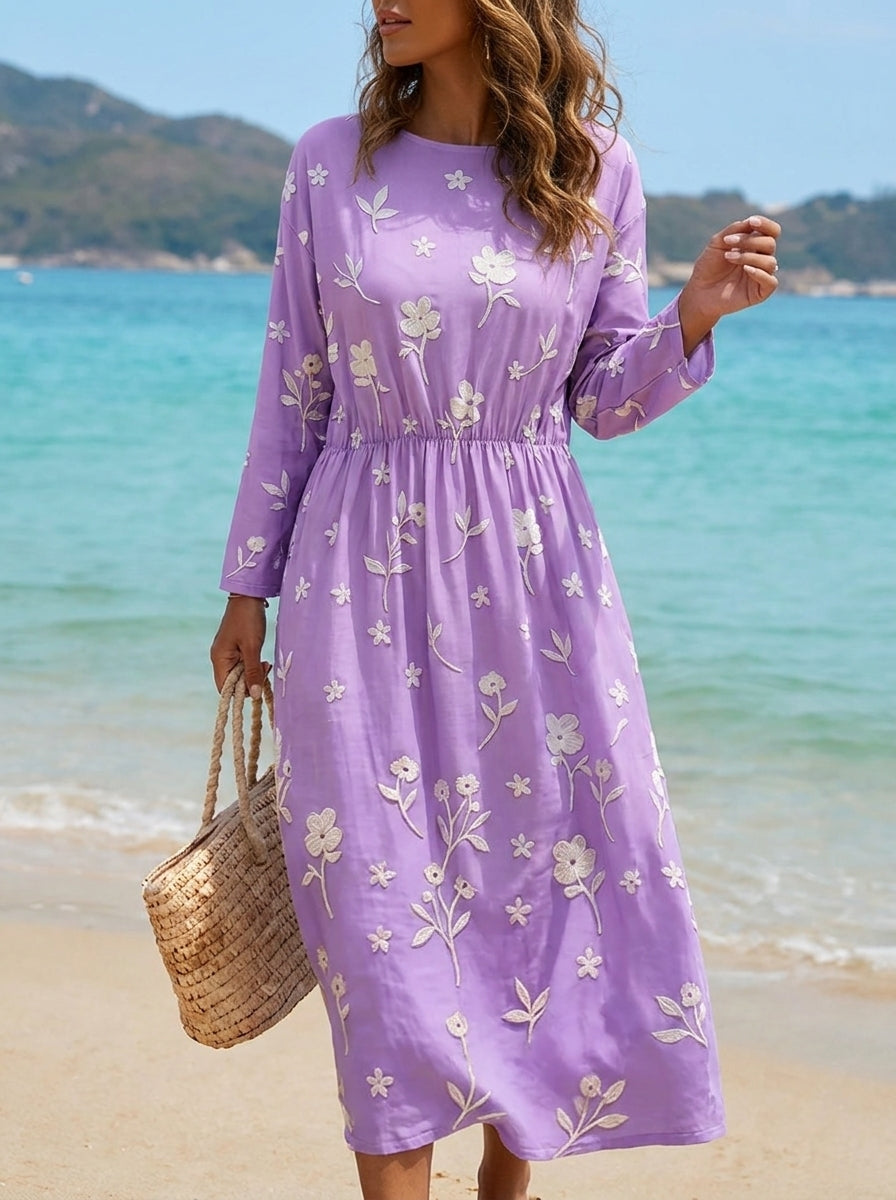 Stilvolles violettes A-Linien Damen Midikleid mit zarter Bestickung und Mid-Sleeves. Ideal für Sommer & Feiern.
