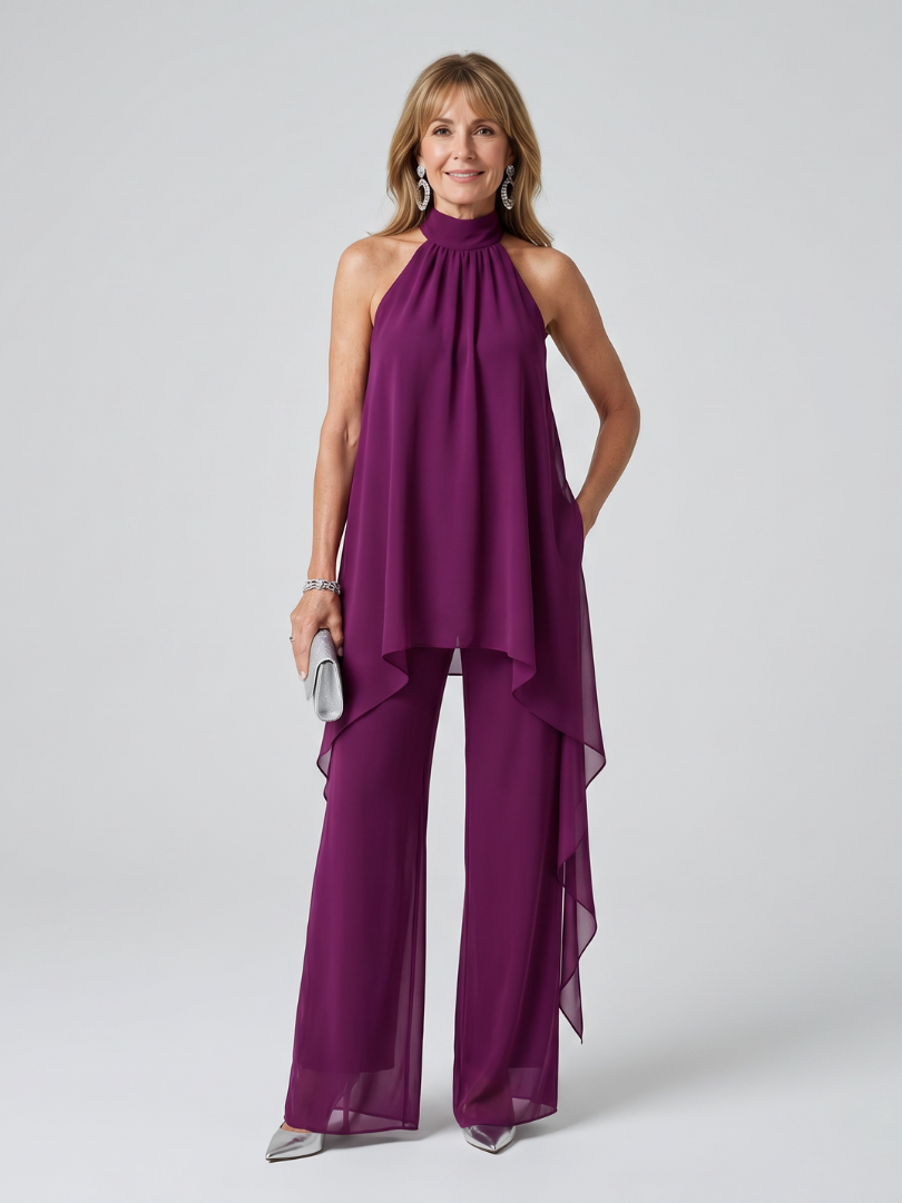 Elegantes violettes Damen Tunika Set mit Halter Neck und asymmetrischem Saum für den Sommer.