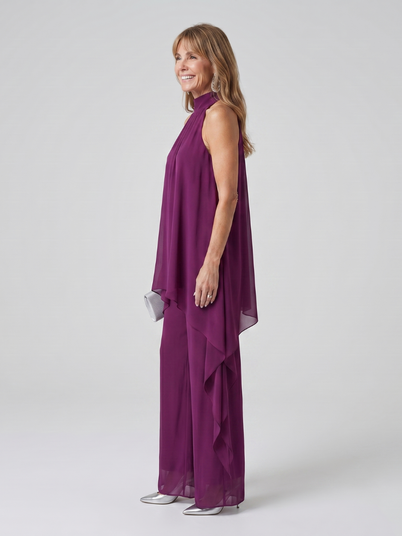 Violettes Damen Halter Neck Tunika-Oberteil mit asymmetrischem Schnitt, perfekt für elegante Sommer-Outfits.