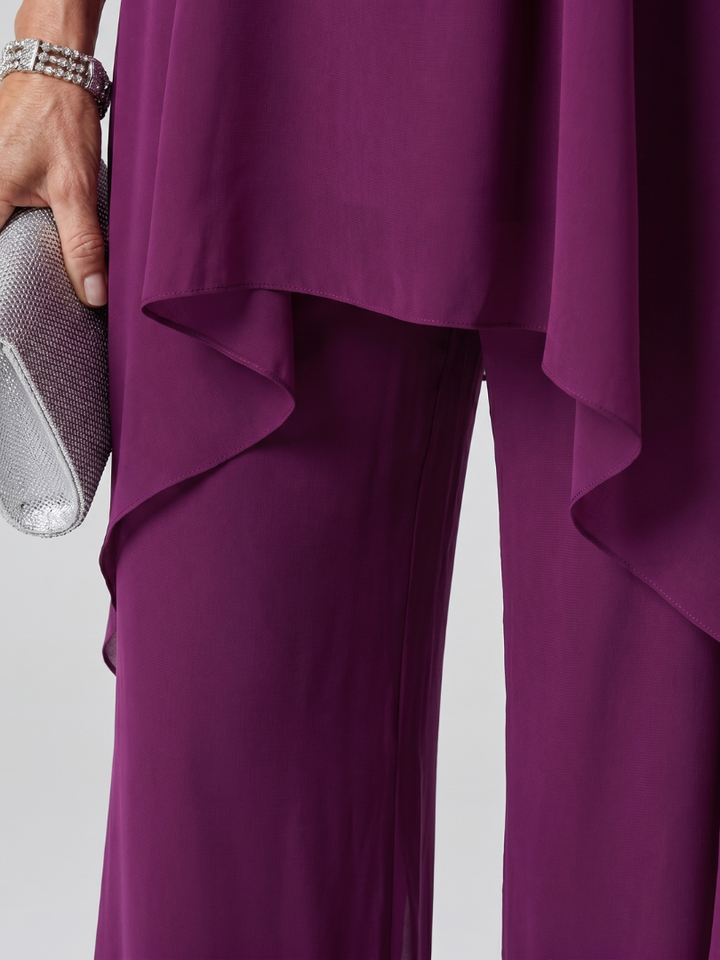 Fließendes, asymmetrisches Damen Tunika-Set in Violett, zweiteilig, ideal als bequemes Freizeit-Outfit.