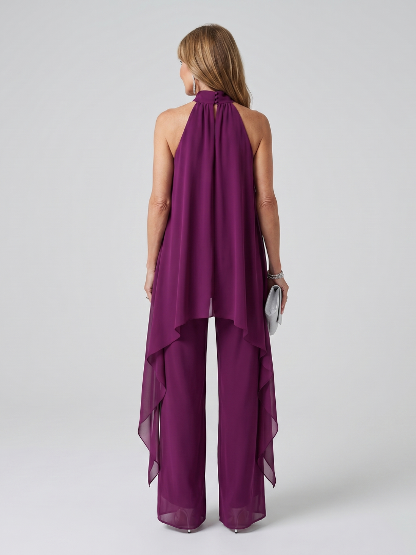 Modernes violettes Damen Tunika-Set, Halter Neck & asymmetrisch, stilvoller Zweiteiler für Sommer & Freizeit.