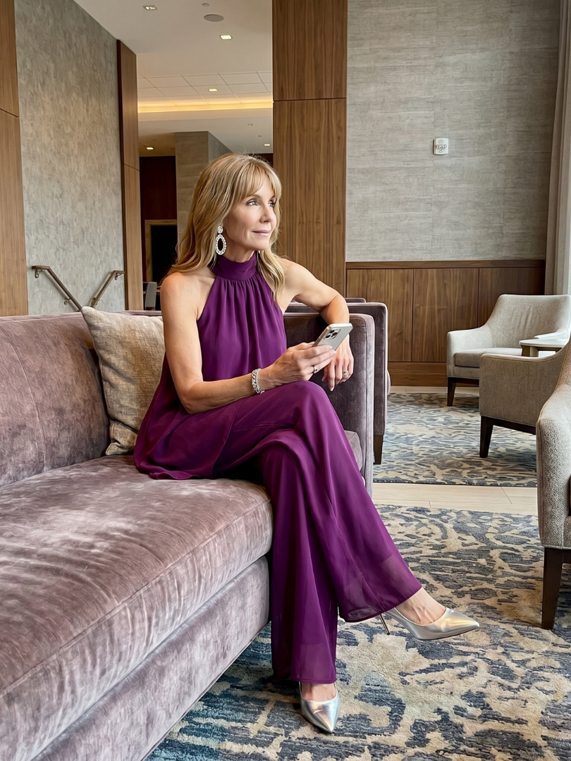 Komfortables violettes Damen Tunika-Set mit Halter Neck, asymmetrischem Schnitt, elegant und fließend.