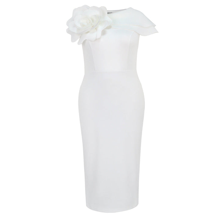 Elegantes weißes Damen Etuikleid mit floralem Muster, ideal als Partykleid oder für Hochzeitsgäste.