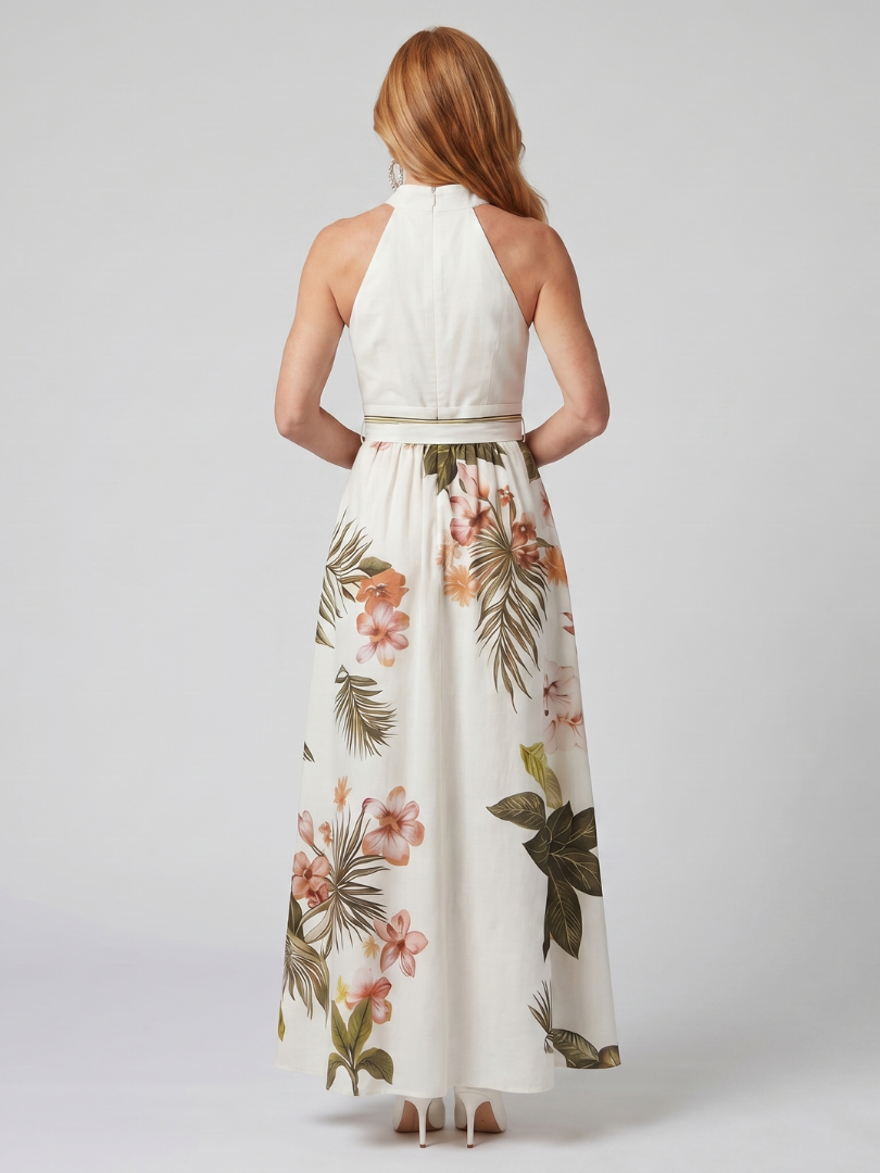 Schickes Damen Maxikleid, drapiert und fließend, mit Halterneck-Ausschnitt. Elegantes Sommer- oder Abendkleid.
