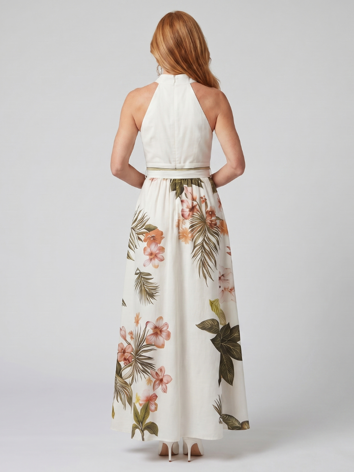 Schickes Damen Maxikleid, drapiert und fließend, mit Halterneck-Ausschnitt. Elegantes Sommer- oder Abendkleid.