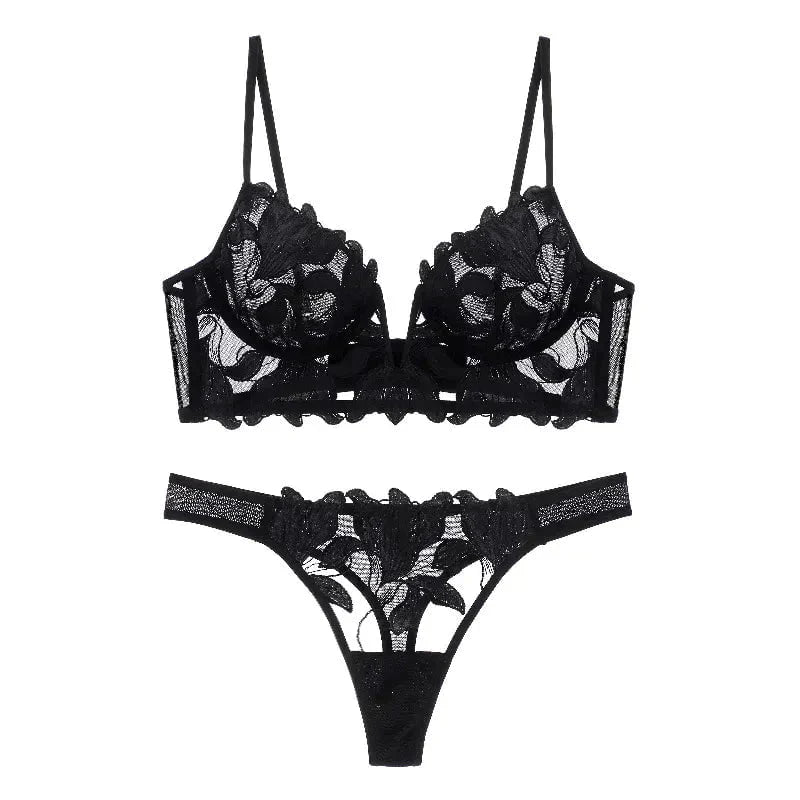 Komplettes weißes Damen Spitzen Lingerie Set; passender BH und Slip für einen eleganten Look.
