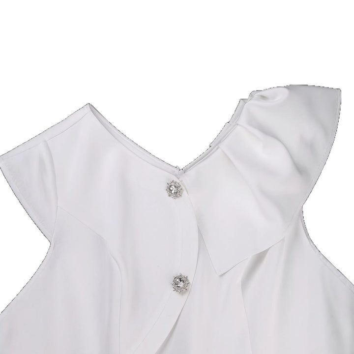 Festliches weißes Damen Wickelkleid mit Rüschen und Glanz-Knöpfen. Ideal als Abendkleid oder elegantes Partykleid.