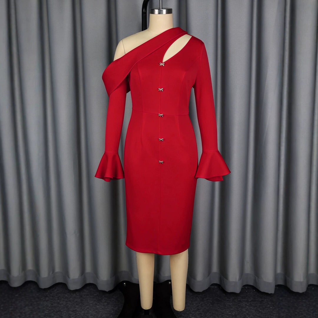 Feminines Damen One-Shoulder Kleid, elegant, mit Knopfdetails. Ideal für besondere Anlässe und Partys.