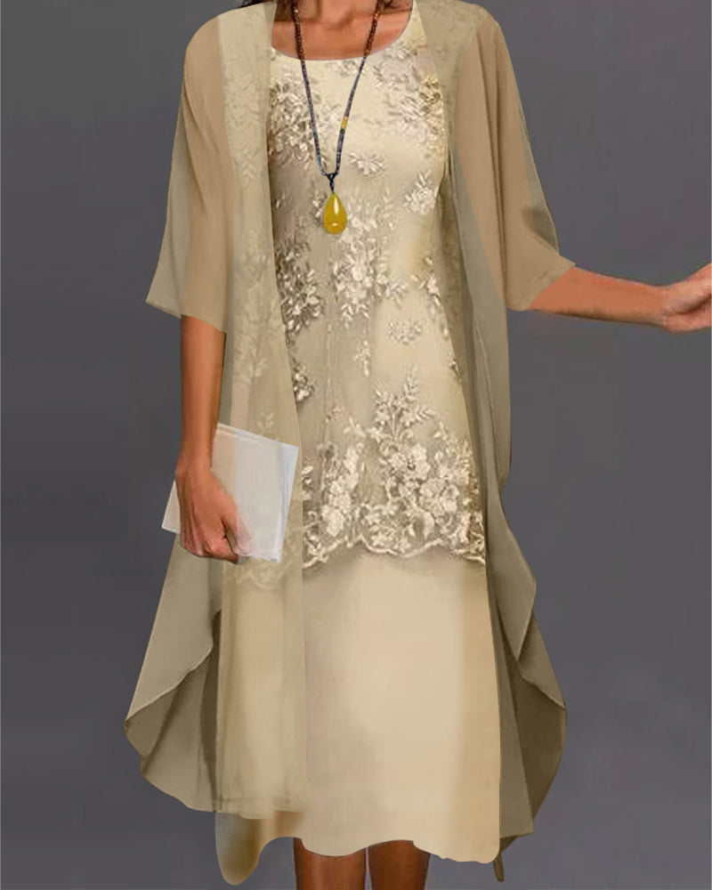 Stilvolles Damen-Sommeroutfit, zweiteiliges Set im Kleid-Look, perfekt für elegante Freizeit und Urlaub. Komfortable 3/4-Ärmel.