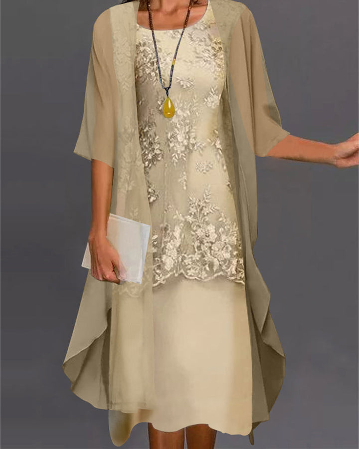 Stilvolles Damen-Sommeroutfit, zweiteiliges Set im Kleid-Look, perfekt für elegante Freizeit und Urlaub. Komfortable 3/4-Ärmel.