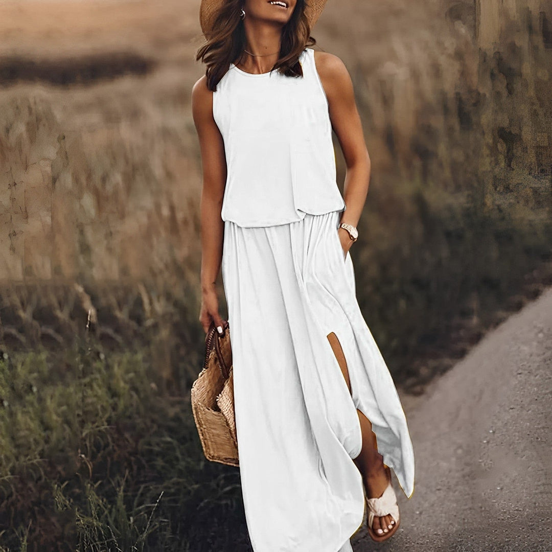 Bequemes, ärmelloses Damen Sommerkleid, Maxikleid im Freizeit-Stil, leicht & farbenfroh designt.