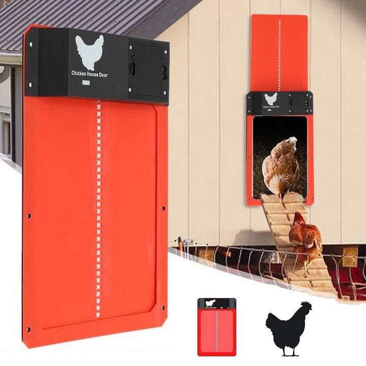 Automatisches Hühnerstall Türsystem aus Metall mit Lichtsensor, schützt Hühner sicher vor Raubtieren.