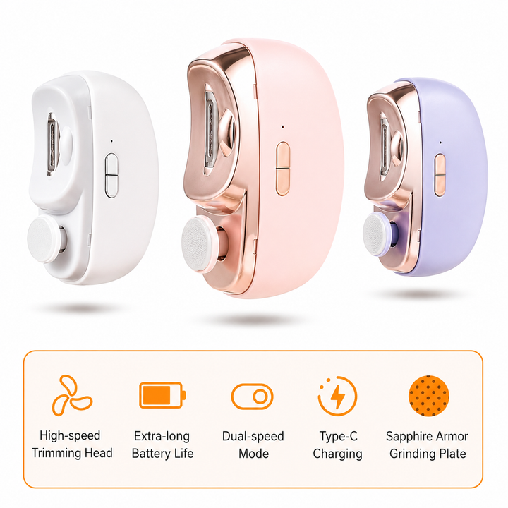 Innovatives 3-in-1 Beautygerät: elektrischer Nagelknipser, Feile & Polierer für schnelle Damen-Maniküre. USB-aufladbar.