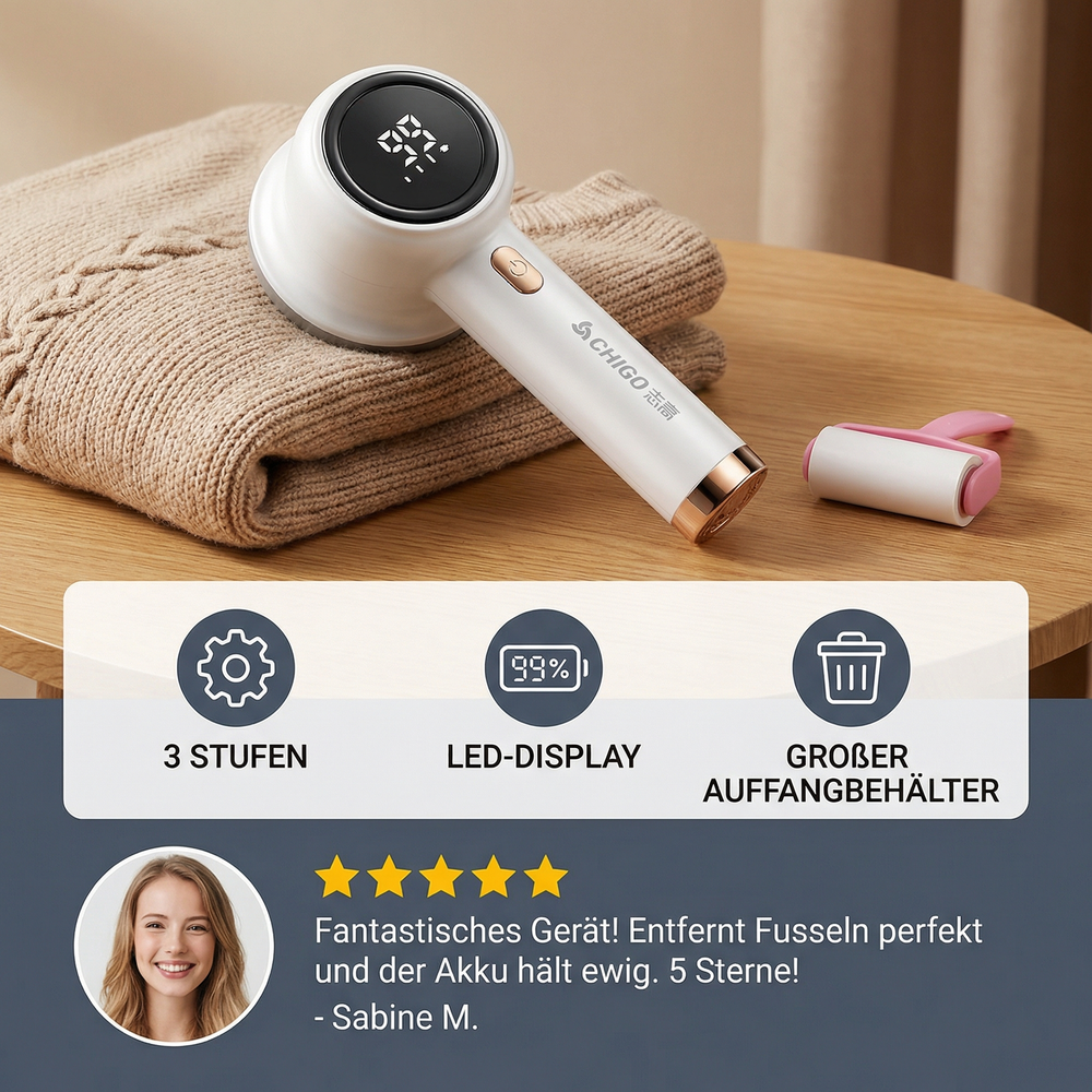 Wiederaufladbarer Textilrasierer mit LED-Display & 3 Leistungsstufen für schonende Stoffpflege.
