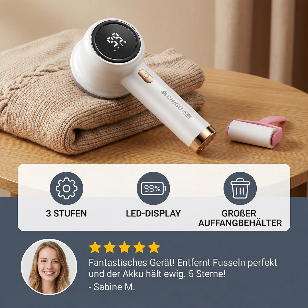 Wiederaufladbarer Textilrasierer mit LED-Display & 3 Leistungsstufen für schonende Stoffpflege.