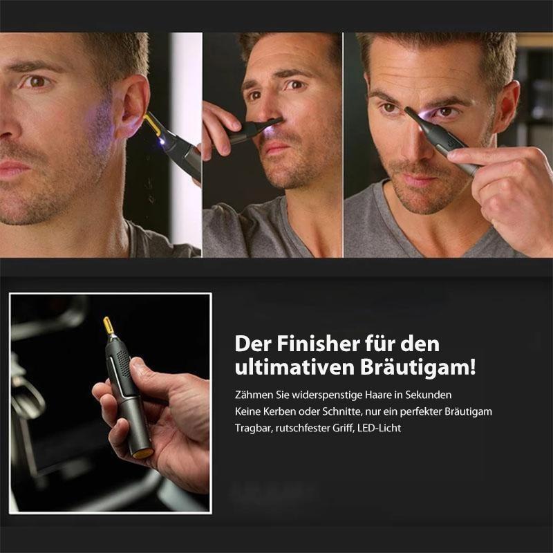 Nahaufnahme des Präzisions-Trimmerkopfs für feine Augenbrauen- und Detailarbeiten, elektrisch.