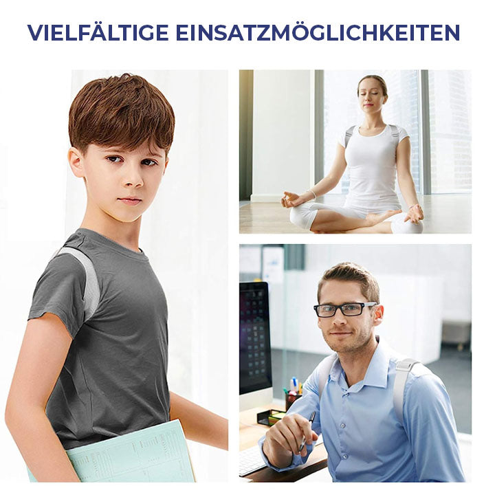Übersicht über das Zubehör des intelligenten Haltungstrainers, inklusive Ladekabel und Anleitung zur Nutzung.