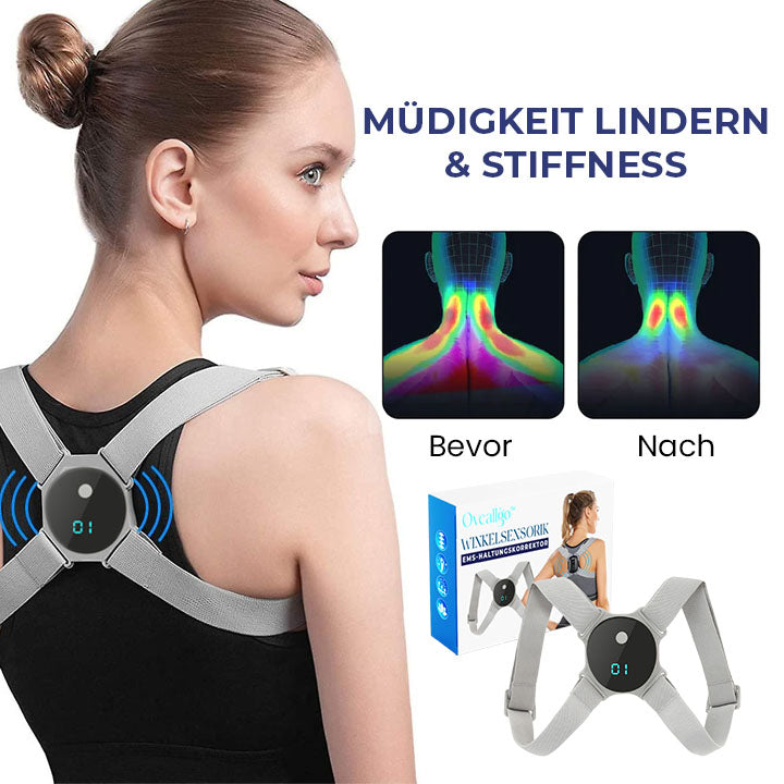 Nahaufnahme des intelligenten Sensors am EMS Rücken Trainer, der die Haltung für präzise Korrektur analysiert.