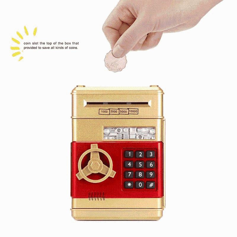 Sicheres Passwort Sparschwein für Kinder, eine moderne Münzbank zum Sparen lernen.