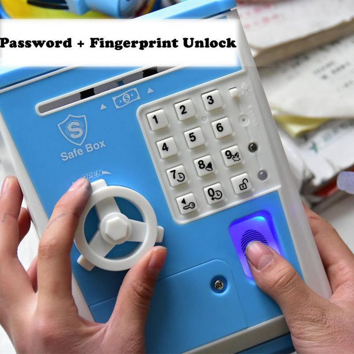 Kinder-Geldautomat mit PIN-Eingabe und Fingerabdruckscanner für sicheres, spielerisches Sparen lernen. Tolles Geschenk.