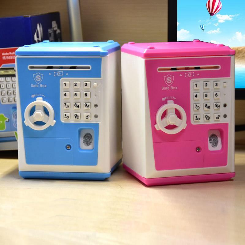 Kindgerechtes elektronisches Sparschwein als Mini-Geldautomat mit digitaler Anzeige, PIN und Fingerabdruck.