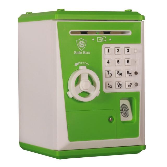 Nahaufnahme des elektronischen Sparschweins: Tastenfeld, Display und Fingerabdruckscanner des Kinder-Geldautomaten.