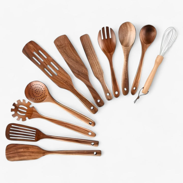 11-teiliges hitzebeständiges Küchenutensilien-Set aus Holz. Ideal für antihaftbeschichtete Pfannen & Kochzubehör.