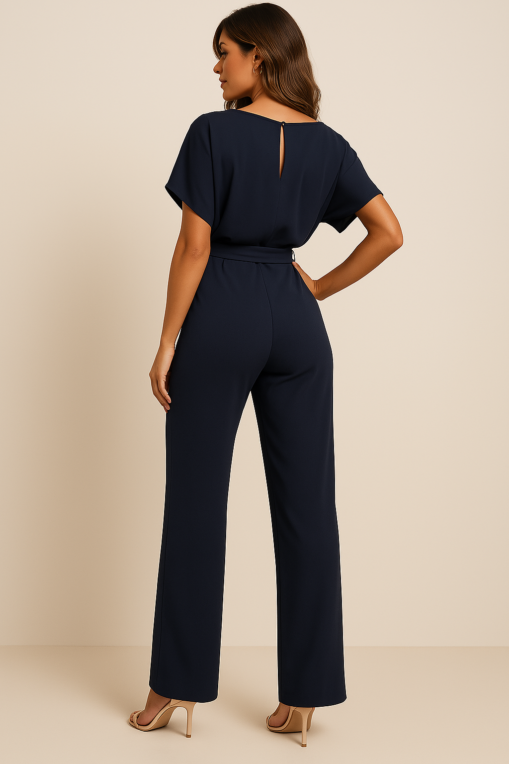 Modell trägt stylischen Damen Jumpsuit "Emma" mit weitem Bein, elegant und bequem für jeden Anlass.